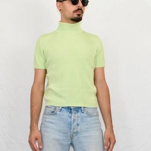 Light Pistachio Green Silk Knit Mock Neck Short Sleeve Ribbed Knit Top